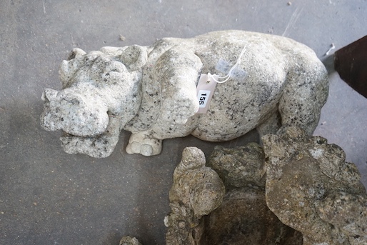 Two reconstituted stone garden bird baths, one moulded with squirrel and five stone garden animal ornaments, largest height 43cm